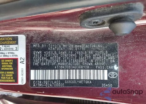 2010 Toyota Avalon Xls из США, поврежденный, VIN 4T1BK3DB3AU368128